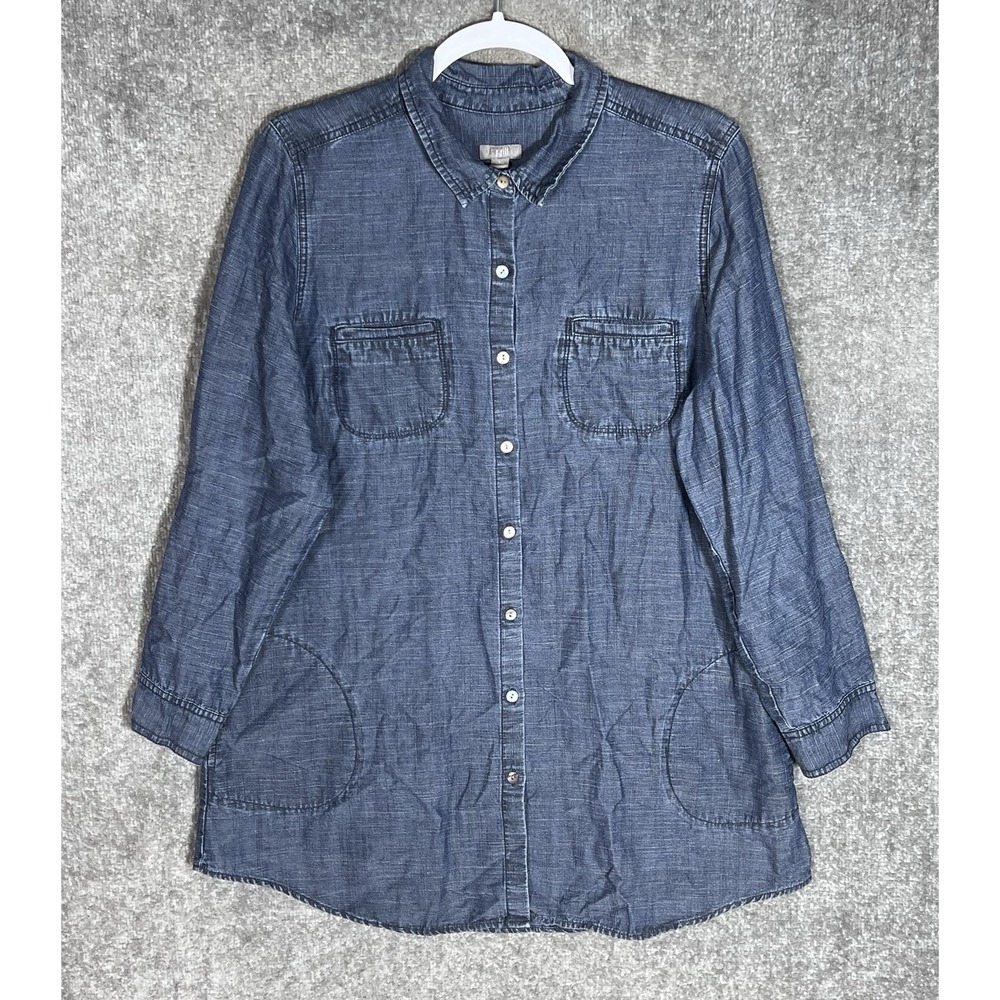 J Jill Chambray Button Up Tunic Top Womens Size Large Petite Blue Four Pockets